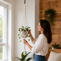 Macrame Plant Hanger, Handmade Rope, Pale Neutral Bohemian Hanging Planter with Hooks, Indoor Outdoor Decor