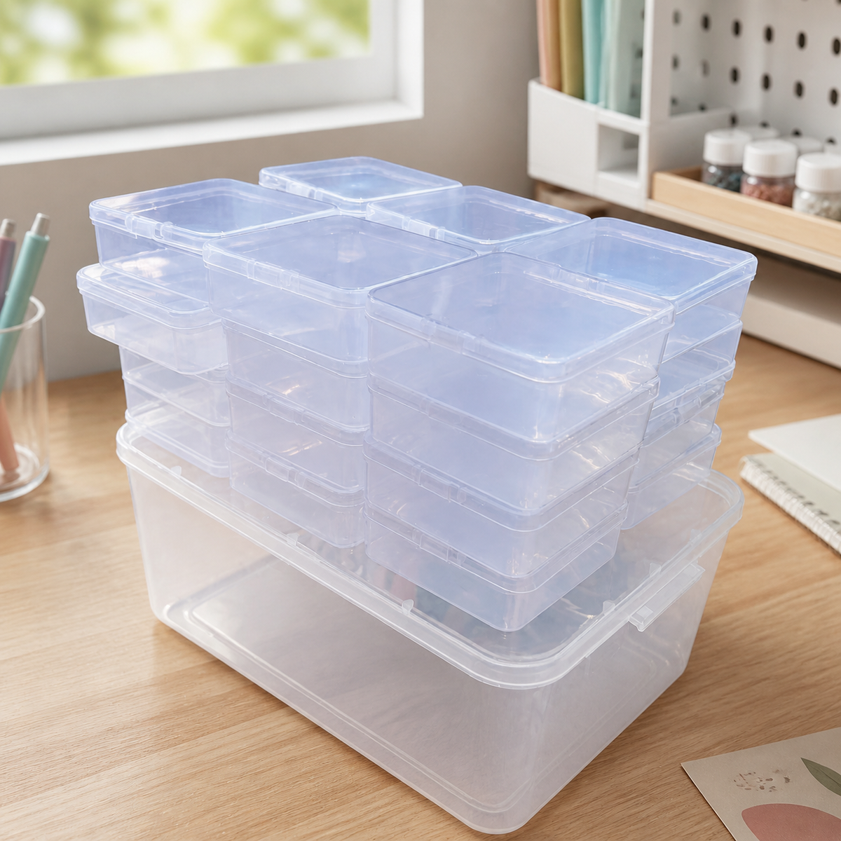 Clear PP Desk Organiser, Stackable Storage Drawers 26x18x11cm, 24 Compartment Craft Storage with Lid for Stationary, Office & Students