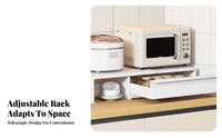 Space Saving Extendable Microwave Shelf with Drawer Multi-Purpose Pull-out Kitchen Counter Shelf Sturdy Metal Construction Extendable Kitchen Rack High Load Capacity for Home Cooks, Homeowners, Office Workers, Pantry, Dorm Room