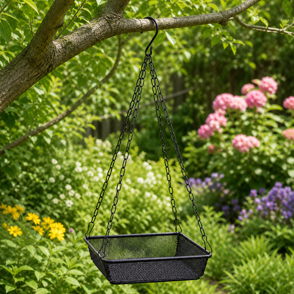 Hanging Attract Birds Feeder, Synthetic Material with Iron Mesh, Drainage Holes, Weather Resistant, Easy Fill & Clean