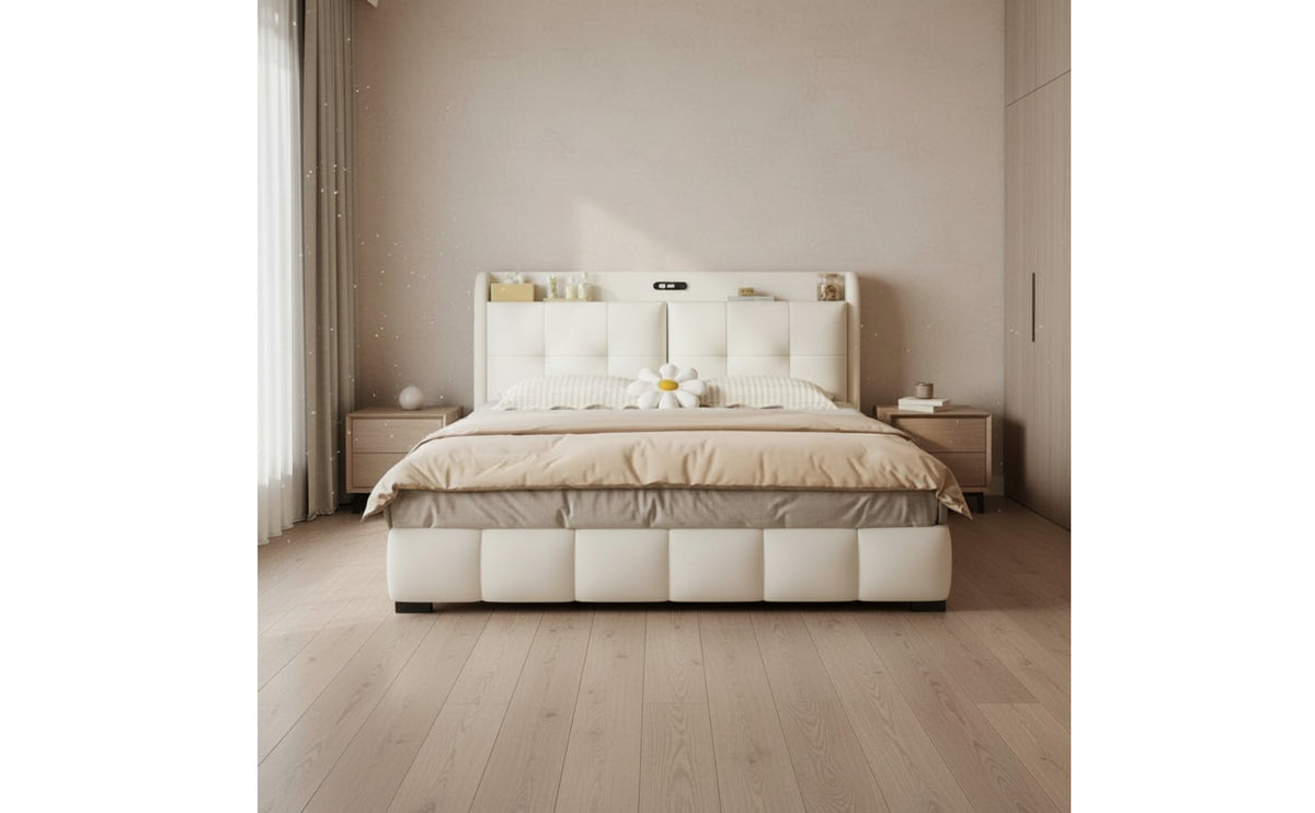Gas Lift Storage Bed Frame Cream Airy Aesthetic Bed Frame for Couples, Small Apartments