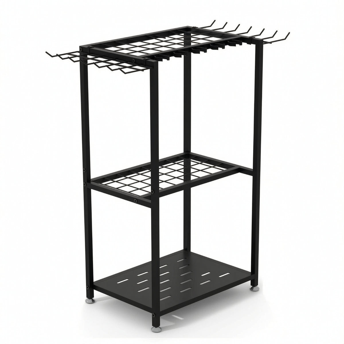 Metal Garden Tool Rack Freestanding Tool Organizer with Hooks Three-Tier Heavy Duty for Homeowners