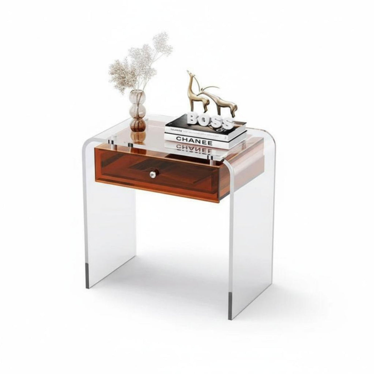 Modern and design C-Shaped Table with periodical compartment Transparent Design Nightstand Space-Saving Home Furnishing single-Piece Molding for Apartment Dwellers, homeowners, Students, Bedroom, Small areas, Living Room, Office