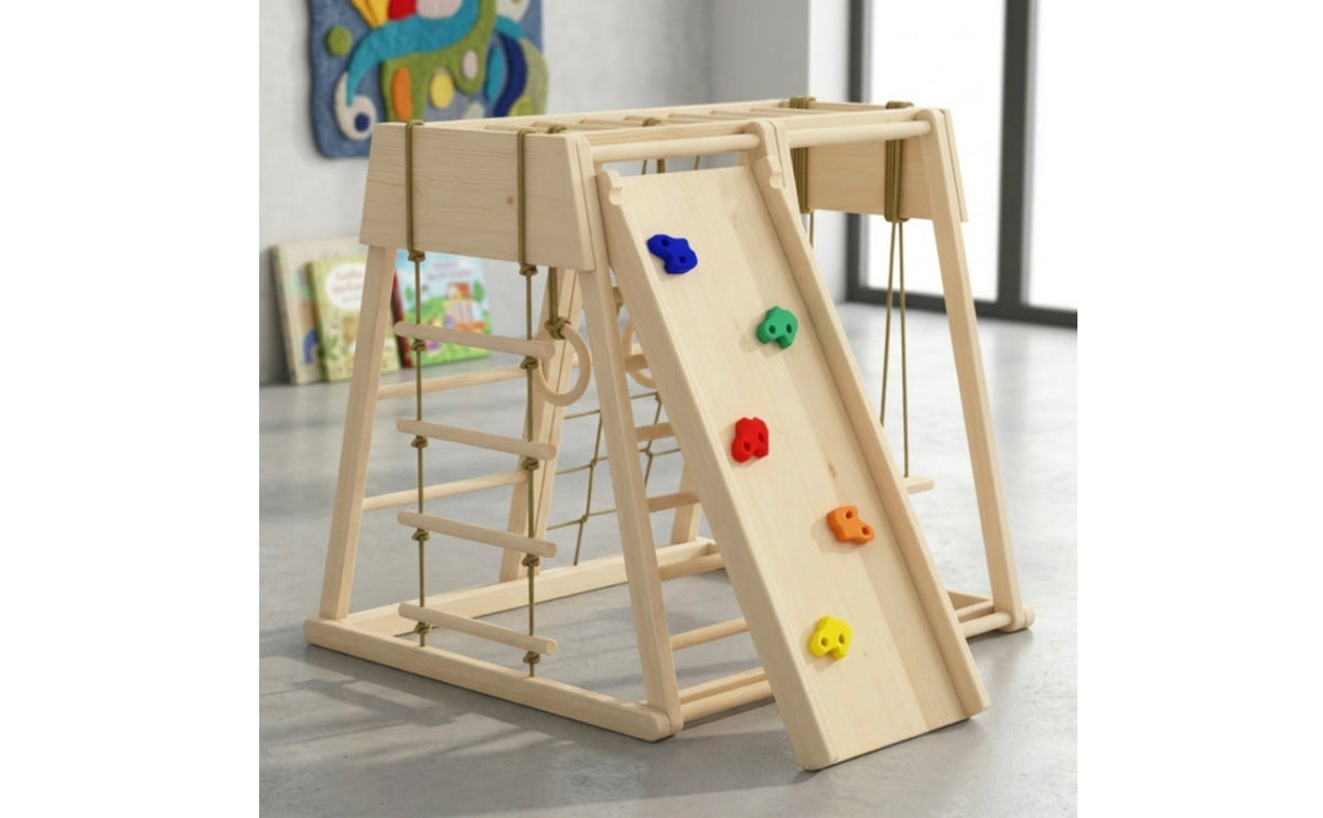 Wooden Indoor Jungle Gym Climbing Frame with Slide Sturdy Playset with Rope Ladder for Toddlers, Children, Playroom, Bedroom, Living Room