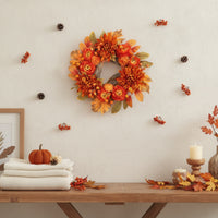 Wreath with Chrysanthemums Autumn Wreath with Maple Leaves Artificial for Thanksgiving