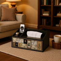 Square Tissue Box Cover with Compartments, Wooden Tissue Box Holder, MDF Desk Storage Organiser for Remote Controls, 26x16.5x13cm Vintage Design