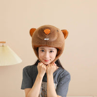 Furry Creature Cap Hat Brown Rodent Head Hat Stuffed Headwear