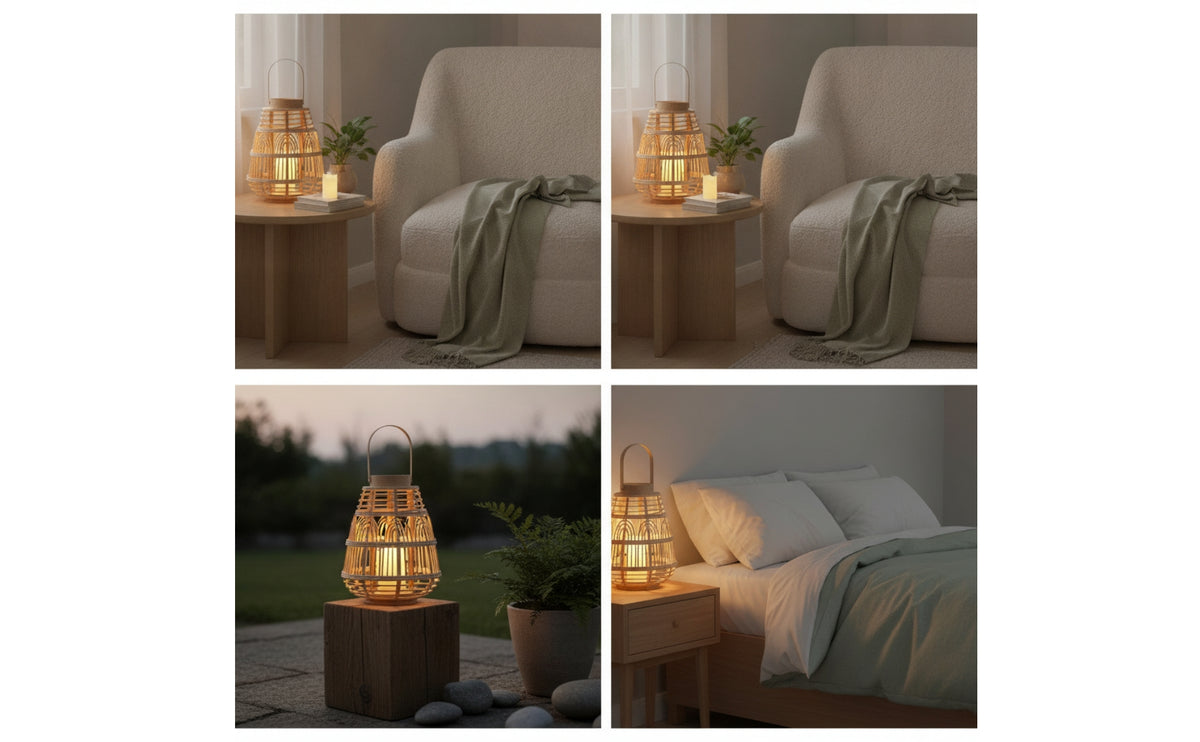 Battery-Powered Rattan Lantern Woven Lantern with Electronic Candle Tabletop Lanterns Decorative for Living Room, Bedroom