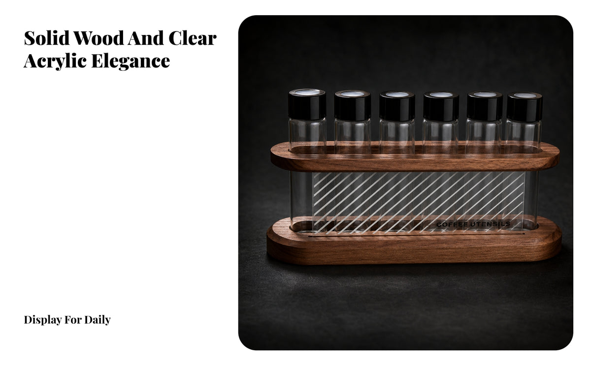Coffee Bean Storage Rack with Bottles | Space-Saving Countertop Design, Decorative Transparent Center Panel, Coffee bean chamber with Wooden Base