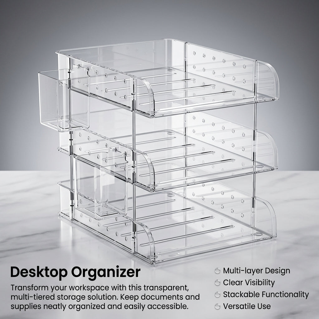 3-Tier Stackable Desktop File Organizer Desk Storage for Office, Modular Document Tray for Students, Book Workspace Solution