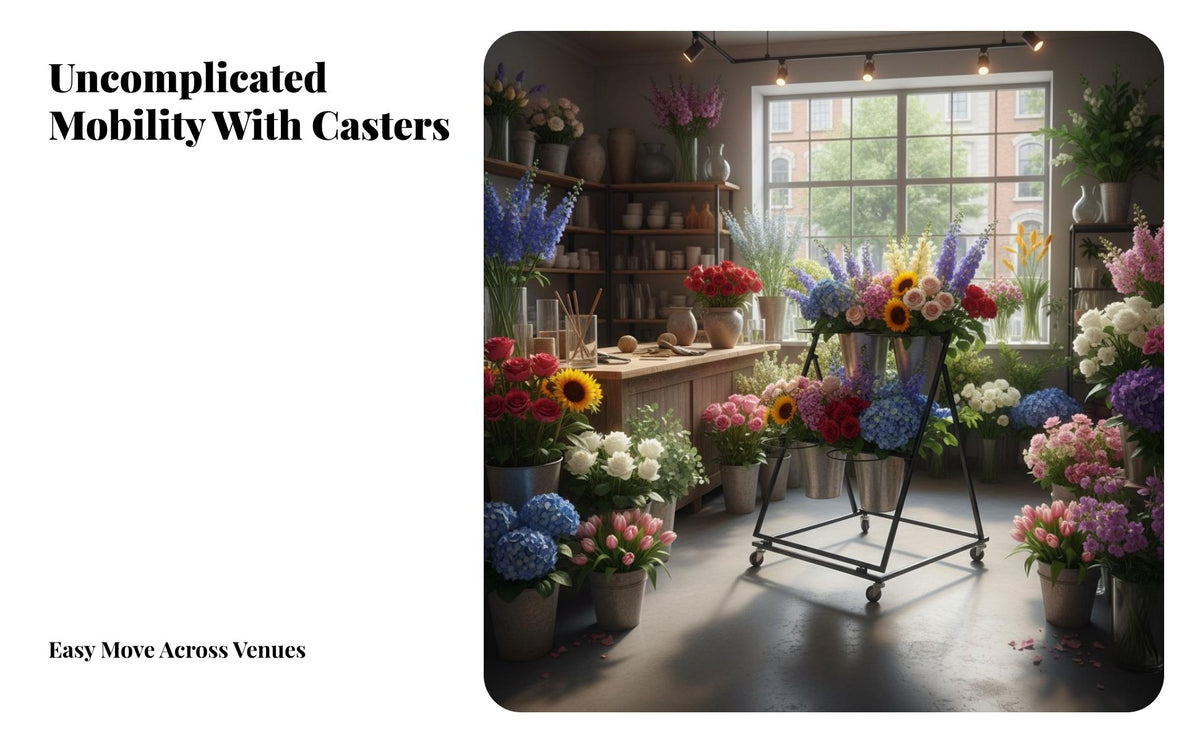 Large Capacity Tiered floral display stand with containers Multitier Design Tiered container Rack Stable frame professional Fixture Sturdy Construction for event Planners, Shop Owners, Gardeners, Wedding location, marketplace Stall, Patio, Balcony