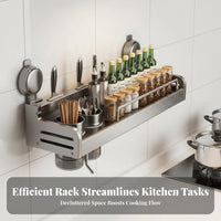 Drillwithout Drilling Installation Multifunctional Suction Rack Multi-Functional Kitchen Organizer Movable Hooks Wall Shelf Easy to Clean for Renters, Apartment Dwellers, Home Cooks, RV, Pantry