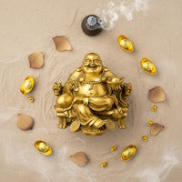 Wealth Attraction Laughing Buddha Statue Good Fortune Golden Maitreya Figurine Resin Craft Big Belly Buddha Ornament for Desktop, Living Room, Office