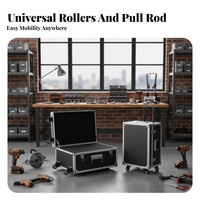 Adjustable Trolley Handle Wheeled Flight Case Heavy-Duty Construction Rolling Utility Chest Large Capacity Tool Box Reinforced Corners for Professionals, DIY Enthusiasts, Transportation, Job Sites, Workshop, on-Location Work