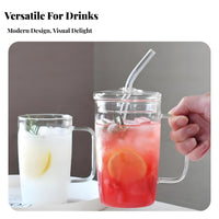 High Temperature Resistant Glass Mug with Handle and Straw Clear Large Capacity Glass Water Cup Easy to Clean for Women, Kitchen, Desktop