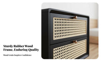 Japanese aesthetic Bedside Cabinet with Rattan Drawer Woven Front Rattan Drawer Nightstand durable Wood Legs End Table Vintage Inspired for Apartment Dwellers, Homeowners, Young Adults, Bedroom, Small Spaces, Guest Room, Home Office