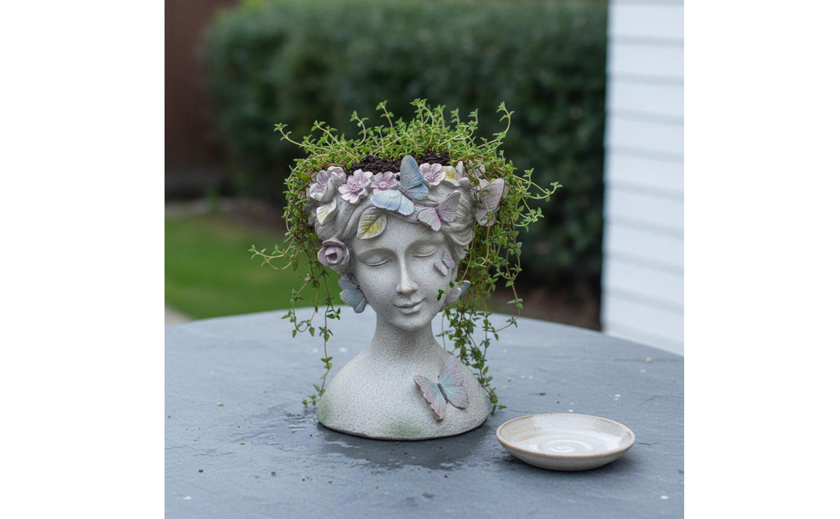 Modern Minimalist Deity Head Flower Vase Sculpted Details Deity Head Planter Indoor and Outdoor Nordic Resin Planter Butterfly Element for Tabletop, Desk