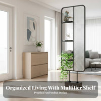 Drill-Unrestricted Installation Partition Screen with Shelves Unrestricted Standing Design Room Divider Space-Dividing Home Furniture Textured Glass Panel for Apartment Dwellers, Telecommuting Workers, Small Business Owners, Aerial-Plan Areas, in Ice