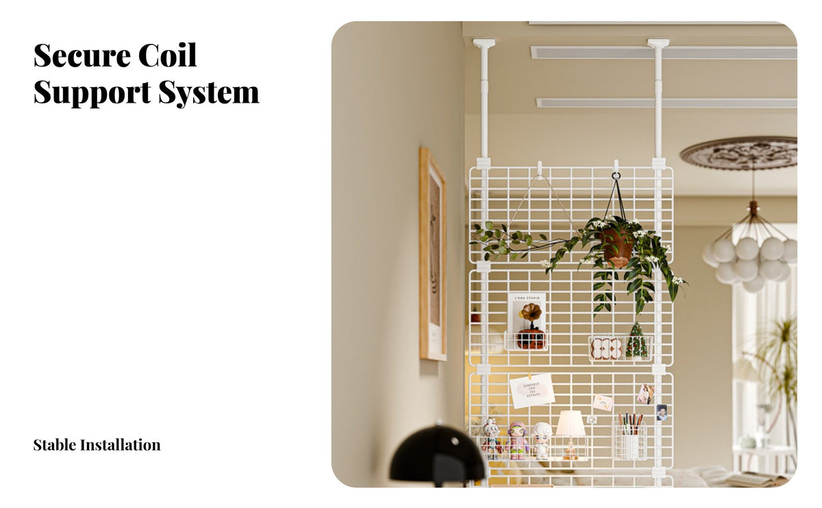 No-Drill Installation Tension Pole mesh Divider Space Saving Partition Screen Multi-Functional Organizer Rack Customizable Layout for Renters, Apartment Dwellers, Students, Bedroom, Home Office