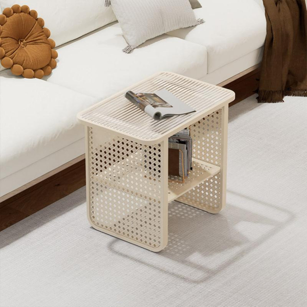 Nordic Design Two-Tier Woven-Panel Side Table Minimalist Aesthetic 2-Tier Table Japanese Aesthetic Nightstand Space-Saving for Apartment Dwellers, Homeowners, Bedroom, Small Areas, Guest Room, Entryway