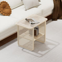 Nordic Design Two-Tier Woven-Panel Side Table Minimalist Aesthetic 2-Tier Table Japanese Aesthetic Nightstand Space-Saving for Apartment Dwellers, Homeowners, Bedroom, Small Areas, Guest Room, Entryway