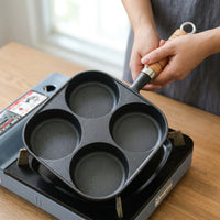 Frying Pan for Induction Hob and Cast Iron Pan for Breakfast, Pancake Pan and Egg Cooker with Wood Handle, Pancake Maker with No Coating