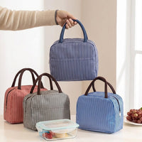 Lunch Box and Insulated Lunch Bags for Women with Faux Leather Handle, Reusable Striped Cool Bag Lunch Box for School Picnic, Nylon Material