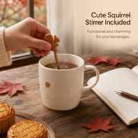 Autumn Maple Leaf Squirrel Ceramic Mug with Silicone Stirrer