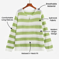 Long Sleeve Top Women with Striped Ribbed Knitwear Design, Plus Size Casual Polyester Blend Sweater with Extended Sizing up to XXXL