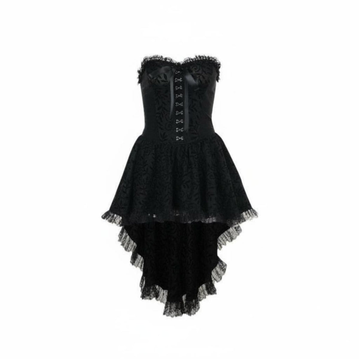 2 Pieces High-Low Hem Strapless Corset Dress with Lace Shrug without-Shoulder Design Lace-up Bustier and Skirt Set Waist Cinching Dark Romantic Outfit Ruffled Trim for Goth Enthusiasts, Young Adults, Photoshoots, Cosplay Events, Stage Performance