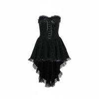 2 Pieces High-Low Hem Strapless Corset Dress with Lace Shrug without-Shoulder Design Lace-up Bustier and Skirt Set Waist Cinching Dark Romantic Outfit Ruffled Trim for Goth Enthusiasts, Young Adults, Photoshoots, Cosplay Events, Stage Performance
