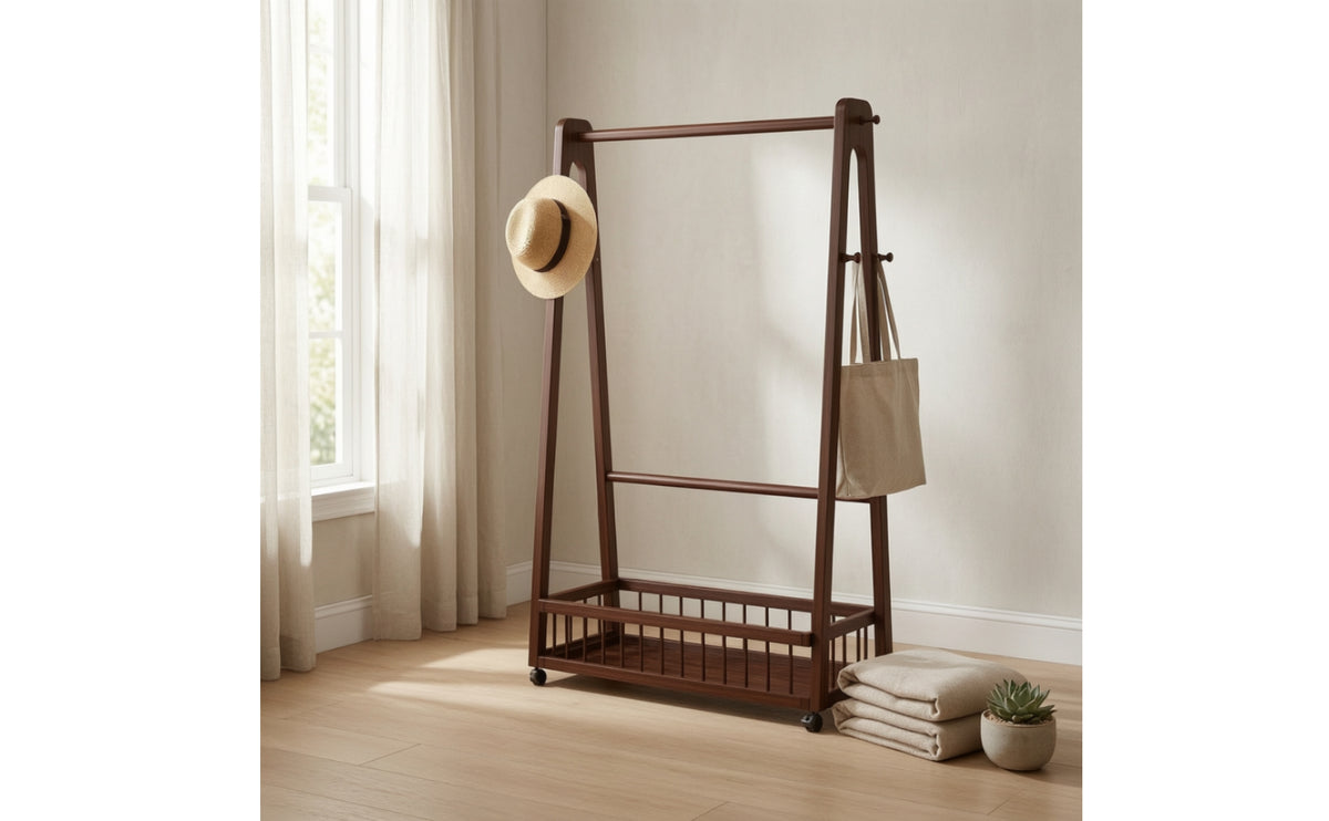 Solid Wood Garment Rack with Shelf Freestanding Clothing Rack with Wheels Mobile Portable for Bedroom, Entryway, Small Apartment