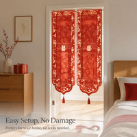 Wedding Door Curtain with Xi Character, Red Festive Irregular Hanging Curtain for Wedding Room Decoration, Punch-Free Living Room Bedroom Partition