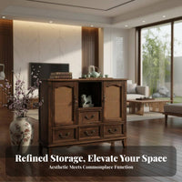 Chinese design Rattan Door table Large Capacity 2-Door Rattan Cabinet Vintage Design Sideboard sturdy Wood Legs for home dwellers, Renters, Dining Room, Entryway, Hallway, Kitchen