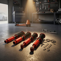 4 Pieces Heavy-Duty Coilover Chassis System Kit Steel Coilover Kit Red and Black Spring Shock Absorber Sporty for Car Enthusiasts, DIY Mechanics