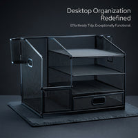 4 Tier Desk Storage with Drawer, Metal Mesh File Organizer for Students, Stackable Desktop Paper Filing Rack for Office Supplies