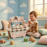 Two-Tier Pretend Ice Cream Shop Floral Accents Wooden Play Cart for Children