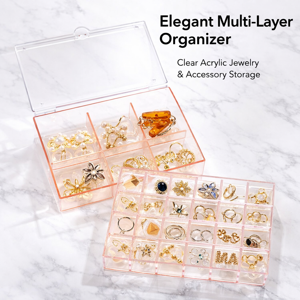 Acrylic Jewelry Accessory Box, 2 Tier Compartment Storage with Lid, Organizer for Vanity Table and for Shelves, Multi Layer Desktop