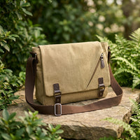 Notebook Bag for Men and Women with Flap Buckle, Canvas School Bag and Crossbody Bag, Satchel with 14-inch Notebook Sleeve, Travel Pack