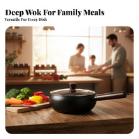 Hand Hammered Iron Wok Uncoated Chinese Wok Stir Fry Pan with Lid No Coating Deep Cooking Pot Non-Stick