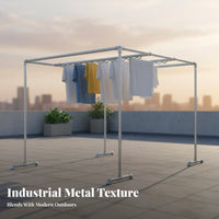 Galvanized Steel Pipe Clothes Rack Rust Resistant Square Quilt Clothesline Frame Windproof Freestanding Clothes Clothesline Rack for Rooftop, Garden