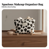 Large Capacity Fluffy Cow Print Makeup Bag Portable Cow Pattern Cosmetic Pouch Cute Design for Women, Girls, Business Trip, Bathroom