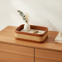 Woven Tray with Leather edge Structured Woven Grass Tray for Entryway