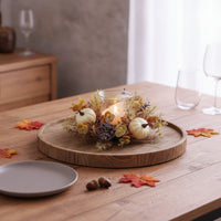 Harvest Wreath with Glass Holder Autumnal Candle Loop Festive Centerpiece Faux for Hosts, Tabletop, Thanksgiving, Mantel