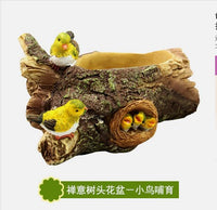 Resin Wood-Look Tree Stump Planter for Succulents and Micro Landscapes with Bird Feeder