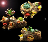 Resin Wood-Look Tree Stump Planter for Succulents and Micro Landscapes with Bird Feeder