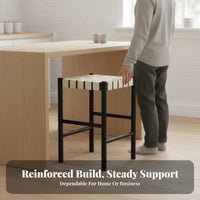 Nordic Design Wooden Highrear Stool with Woven Seat durable Wood Frame Counter Chair Minimalist Aesthetic Home Furniture Integrated Footrest for Bar Owners, Homeowners, Families, Cafe, Reception Area, Kitchen Island, Dining Room