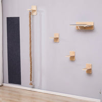 Cat Activity Center and Wall Mounted Playground, 4-Level Wood Climbing Wall Shelves with Sisal Rope, Space-Saving Indoor Shelves for Pets