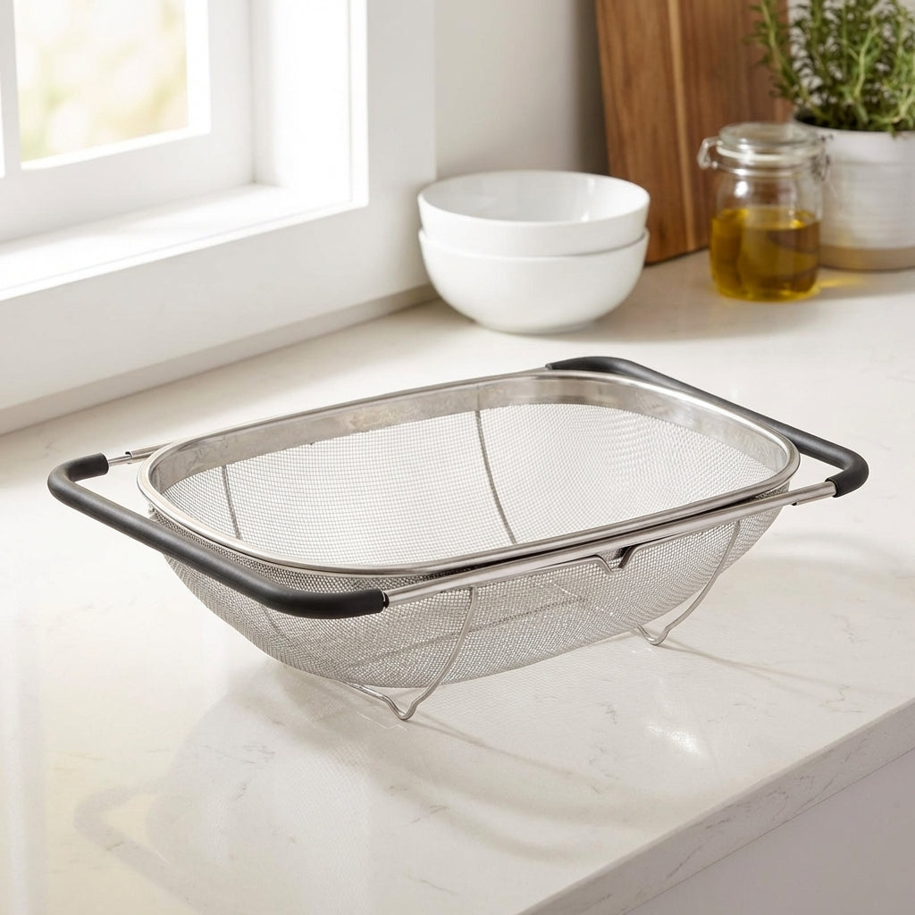 Sink Strainer and Stainless Steel Colander, Large Rectangular Expandable Sink Colander with Retractable Handles, Fine Mesh Pasta Strainer Basket