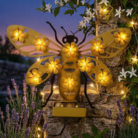 Metal Bee-Shaped Outdoor Wall Light Decorative Iron-Style Frame Solar Bee Wall Light Yellow Yard Decor No Wire Needed for Garden, Courtyard, Exterior Walls